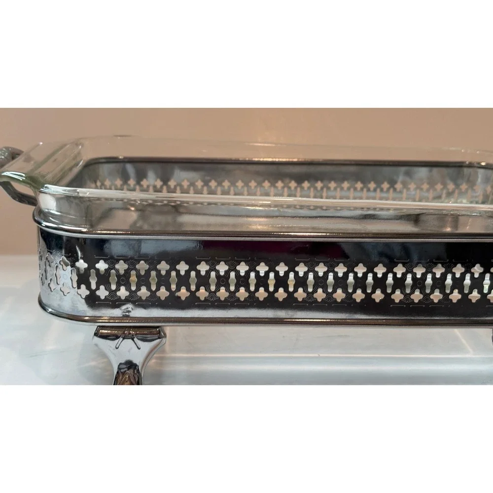 Vintage Anchor Hocking Fire-King Glass Casserole Dish with Footed Metal Cradle